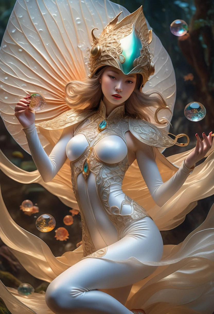 (best quality,4k,8k,highres,masterpiece:1.2),ultra-detailed,(realistic,photorealistic,photo-realistic:1.37), HDR,UHD,studio lighting,ultra-fine painting,sharp focus,physically-based rendering,extreme detail,art nouveau,tarot card style, onmyoji detailed art, cyborg,wide angle, Dynamic angle and composition,(action shot:1.37),dynamic pose, (raging facial expression), 1female alien,futuristic alien, ((A humanoid female alien is holding a large katana in her hand:1.5)), (futuristic alien),(wearing a biological exoskeleton:1.5), (fractal designs), (wearing a fish-shaped glass helmet:1.37), highly detailed attire, (zentangle details adorned with beautiful gems:1.37), (wearing a translucent cloth cape in the shape of a leaf:1.4), Translucent petal-like cloth hangs from her waist, fantasy art, (sci-fi), concept art inspired by moebius, psychedelic, alien flora,(Incredibly beautiful sci-fi background with bioluminescent fungi:1.6), ethereal lighting, vibrant colors,earthen and olive hues,Yoshitaka Amano style, intricate details, landscape, otherworldly creatures, mesmerizing pattern, intricate helmet design, dreamlike atmosphere, (mythical creatures), (surrealistic composition), trending on cgsociety