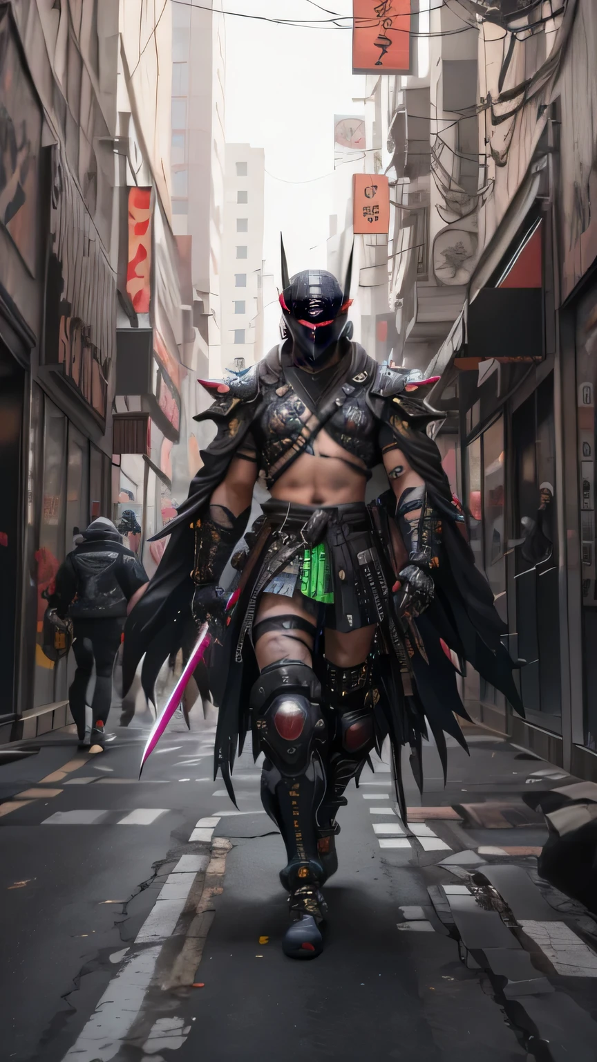 full body shot shot，There was a woman dressed in black and green，Perfect looks，Carrying a rucksack, cyberpunk face mask，Cyberpunk super long hair，cyberpunk streetwear, cyberpunk suit, cyberpunk street goon, Cyberpunk long cape，A cyberpunk extra-long mechanical tail is attached to the tail vertebrae，cyberpunk wearing, cyberpunk techwear, muted cyberpunk style, has cyberpunk style, cyber punk style, wearing cyberpunk streetwear, cyberpunk soldier, Hyper-realistic cyberpunk style, cyberpunk character design, all black cyberpunk clothes, Raven in cyber armor, Cyberpunk clothes.Two ninjas shinobis with a blade walks on the street, very beautiful cyberpunk samurai, cyberpunk samurai, street samurai, cyberpunk assassin, urban samurai, ominous assassin, neon samurai, epic ninja suit, cryptoblades, mask devil.demon samurai, all black cyberpunk suit, samurai jedi, cyberpunk hero, cgsociety 9, black samurai costume, surreal cyberpunk style, ninja costume.white hair. Walks.Walk on the road.Walking on the street is cool.carry the sword on his shoulder.ta demon.red suit.  Hold blade katana.