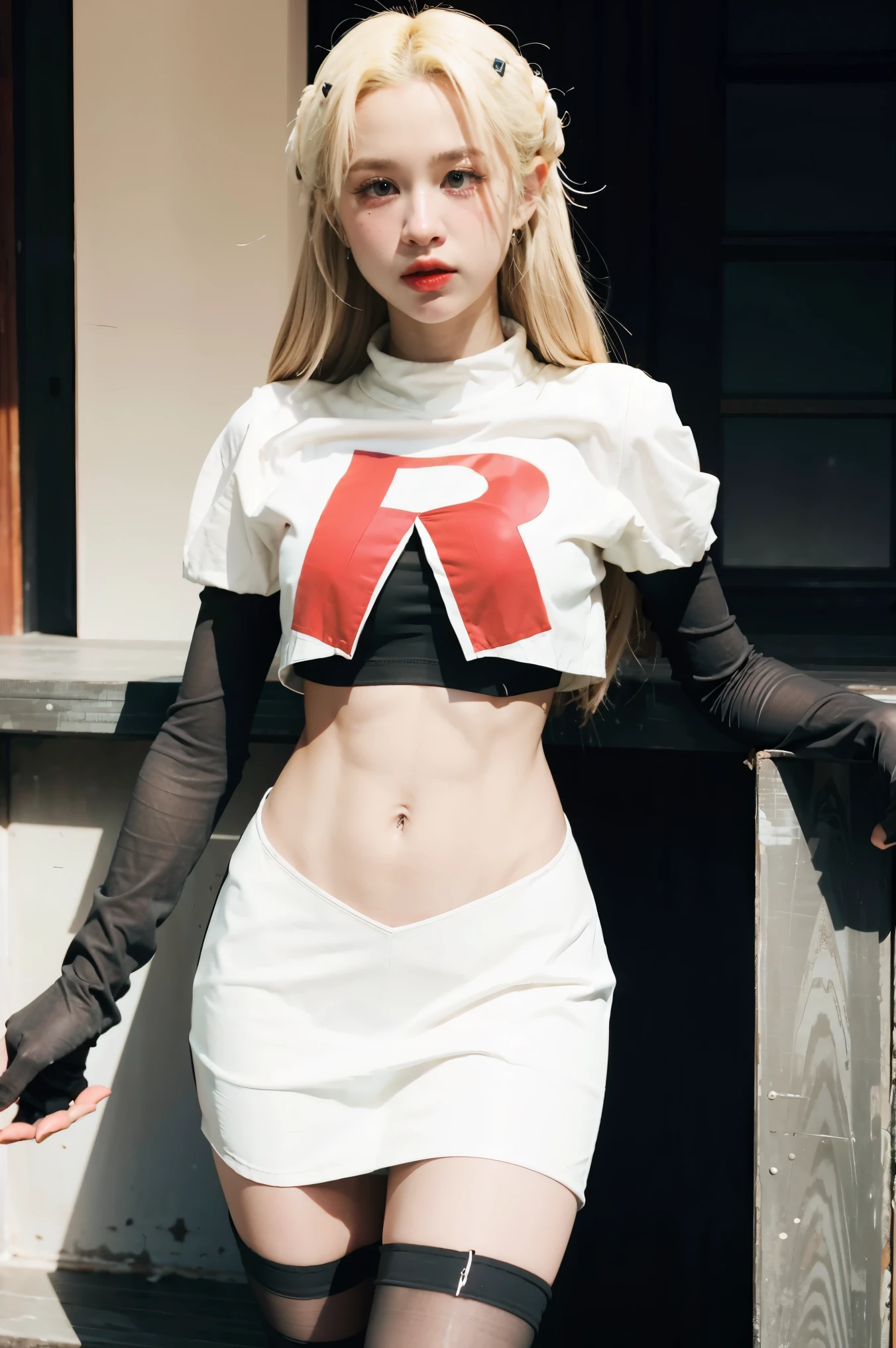 brandygordon, team rocket,team rocket uniform, red letter R, white skirt,white crop top,black thigh-highs, black elbow gloves,