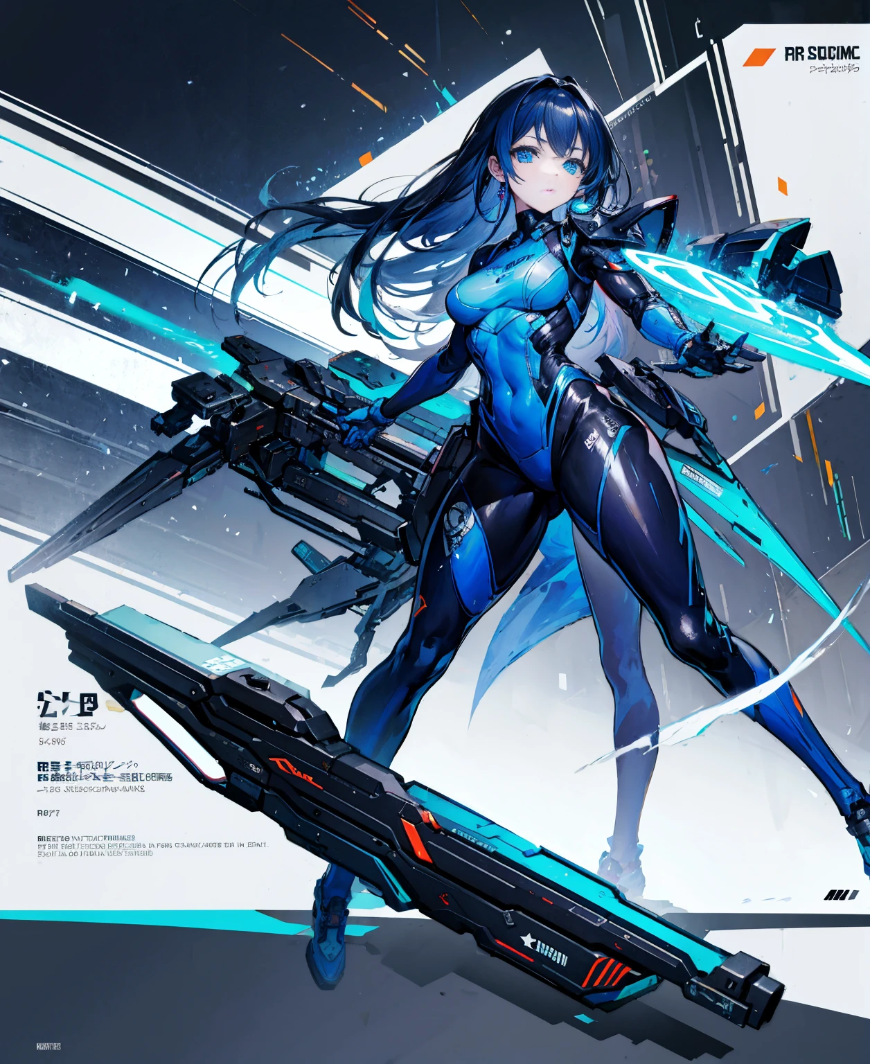 no background，girl，carry a firearm，Enamel-like tight suit，use of firearms，dark blue long hair，attention arousal，blue colored eyes,no gradation