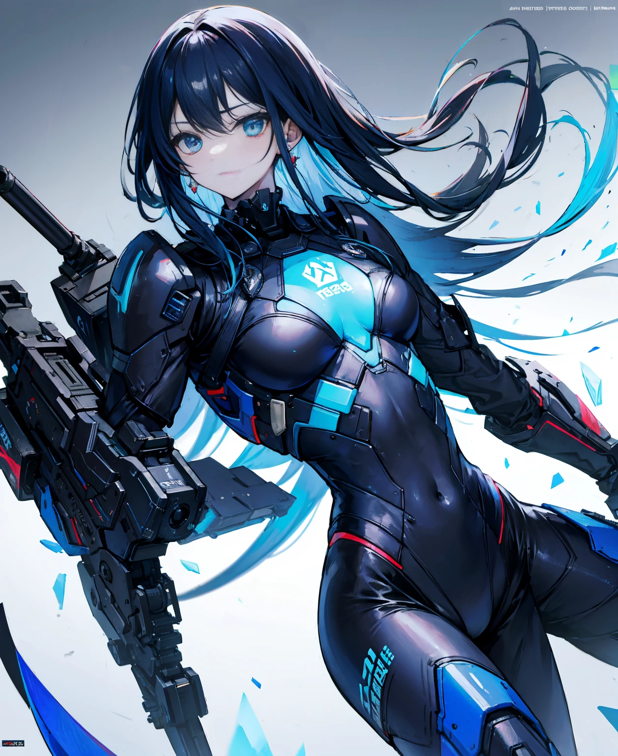no background,girl,carry a firearm,Enamel-like tight suit,use of firearms,dark blue long hair,attention arousal,blue colored eyes,no gradation