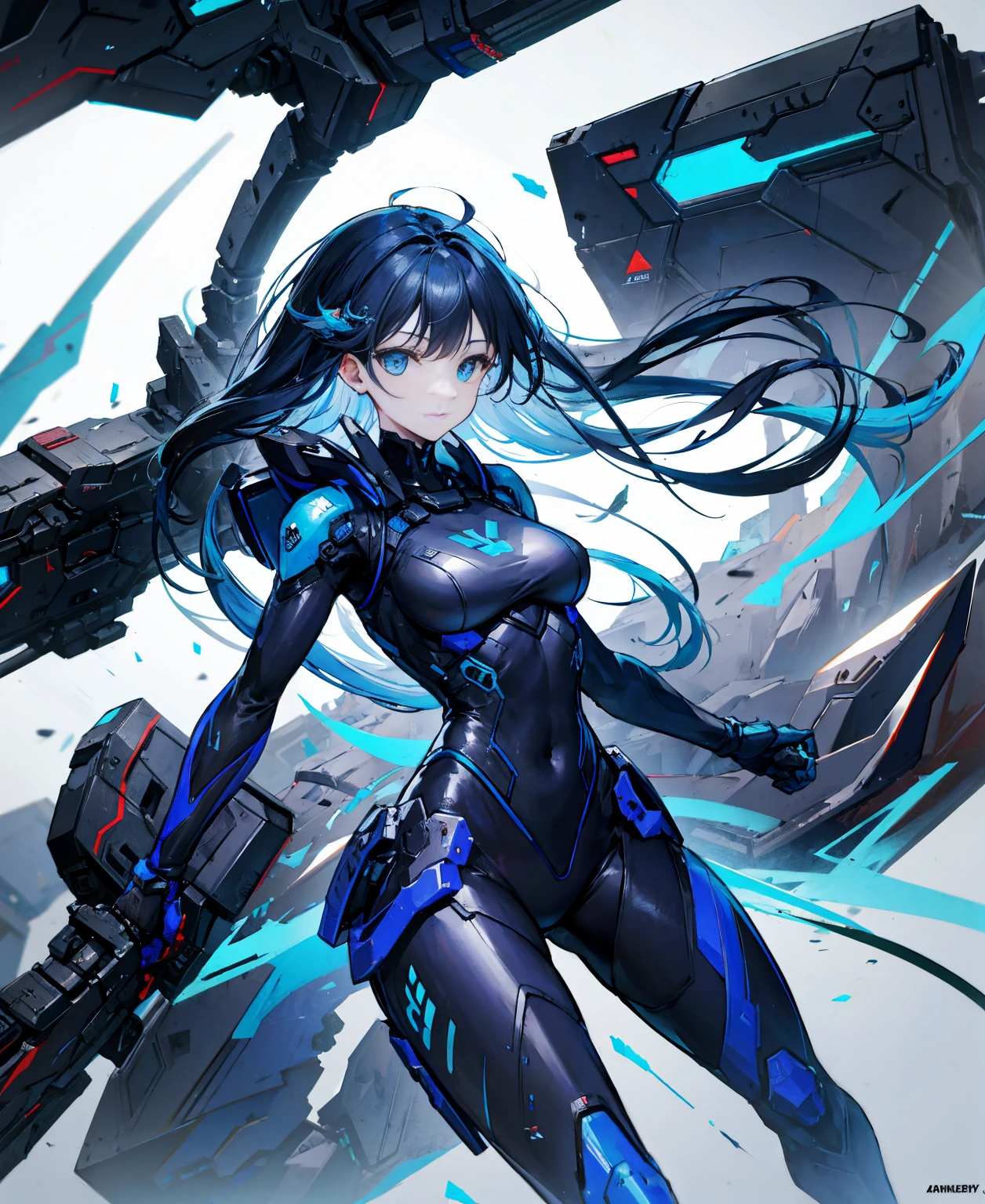 no background，girl，carry a firearm，Enamel-like tight suit，use of firearms，dark blue long hair，attention arousal，blue colored eyes,no gradation