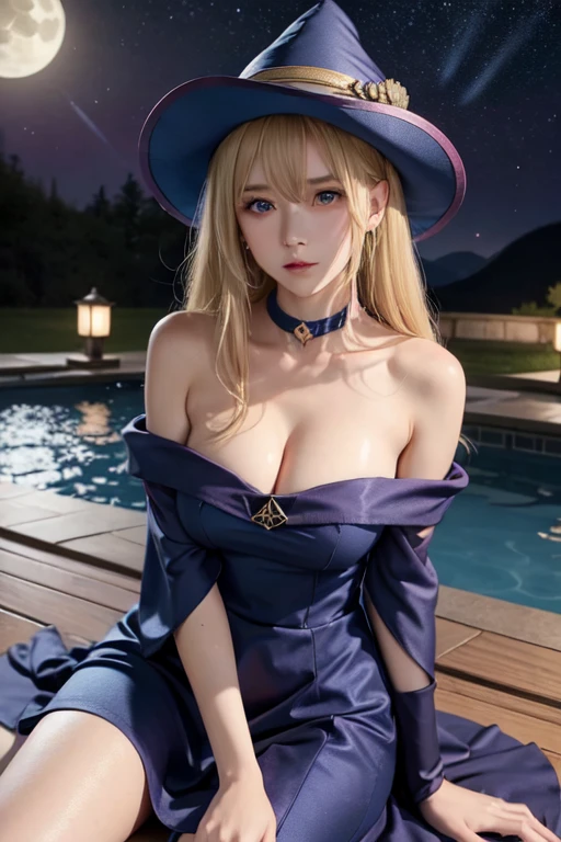 master piece,best quality,ultra detailed,8k,
ambient light,realistic skin,glossy skin,
（dark magician girl, duel monster, blush stickers, blonde hair, green eyes, long hair, breasts, blush, bangs, large breasts, hair between eyes, pentacle, pentagram, hat, dress, cleavage, bare shoulders, collarbone, choker, blue headwear, wizard hat, bracer, detached sleeves;）、
（lie face down：1.3）、（the body is very wet：1.5）、China dress、glossy lips、Slightly emphasize the lower lip、blush、emphasizing the cleavage、
fantastic night sky、full moon、aurora、horizon、open-air bath、Japanese inn