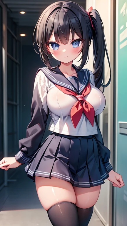 highest quality,wonderful,finely,Highly detailed CG Unity 8K wallpaper, (1 girl, black hair, side ponytail),(huge breasts:1.1),(sailor suit:1.3), (zettai ryouiki:1.4)