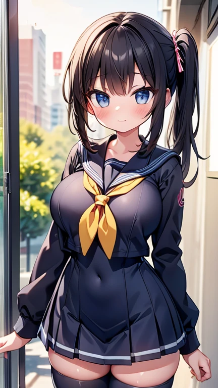 highest quality,wonderful,finely,Highly detailed CG Unity 8K wallpaper, (1 girl, black hair, side ponytail),(huge breasts:1.1),(sailor suit:1.3), (zettai ryouiki:1.4)
