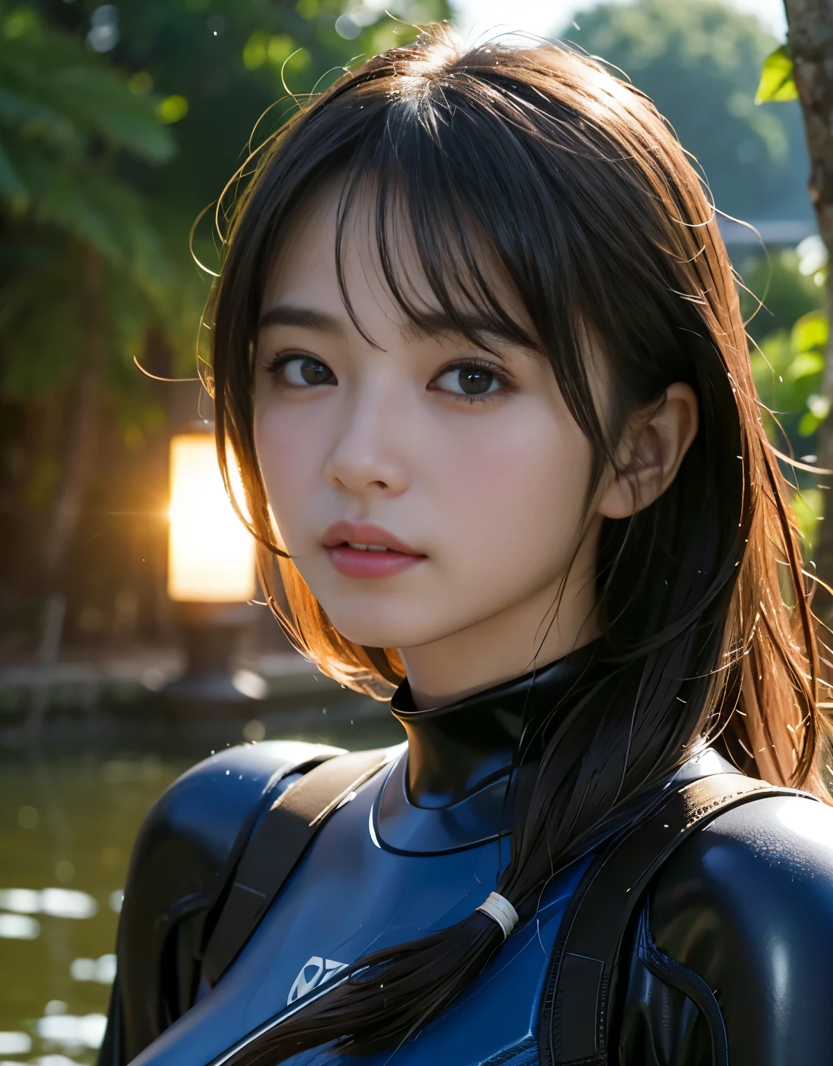 (1 Girl)、highest quality、masterpiece、超A high resolution、(Photoreal:1.4)、Raw photo、1 girl、wet hair、Sweat、(Wearing a heavy wetsuit)、Female Divers、long sleeve、gloves、Portrait、Shadow、octane rendering、8K、super sharp、Metal、intricate decorative details、Lake Details、very intricate details、realistic light、(mysterious look)、shining eyes、towards the camera、Small LED、Close-up