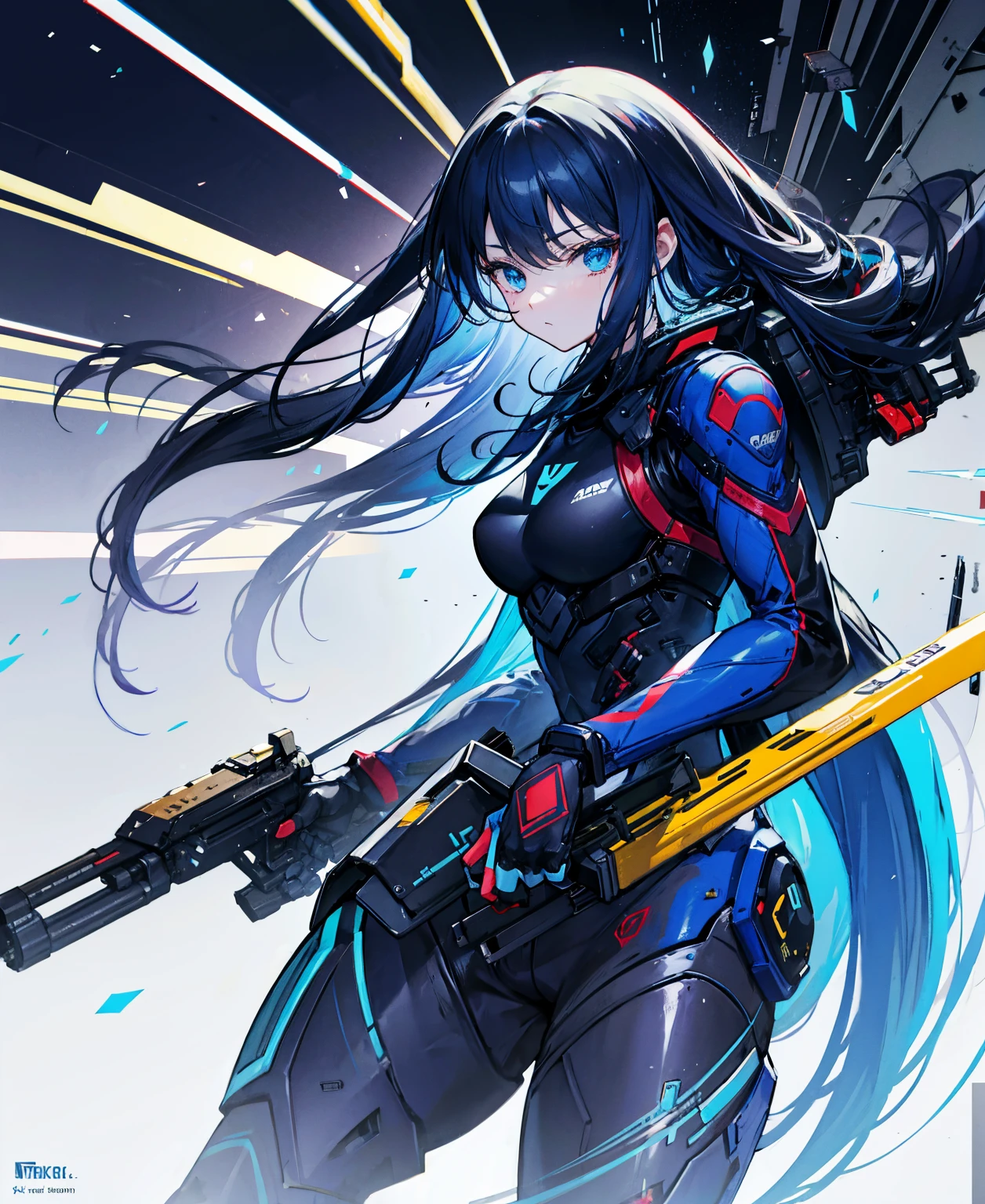 no background，girl，carry a firearm，Enamel-like tight suit，use of firearms，dark blue long hair，attention arousal，blue colored eyes,no gradation