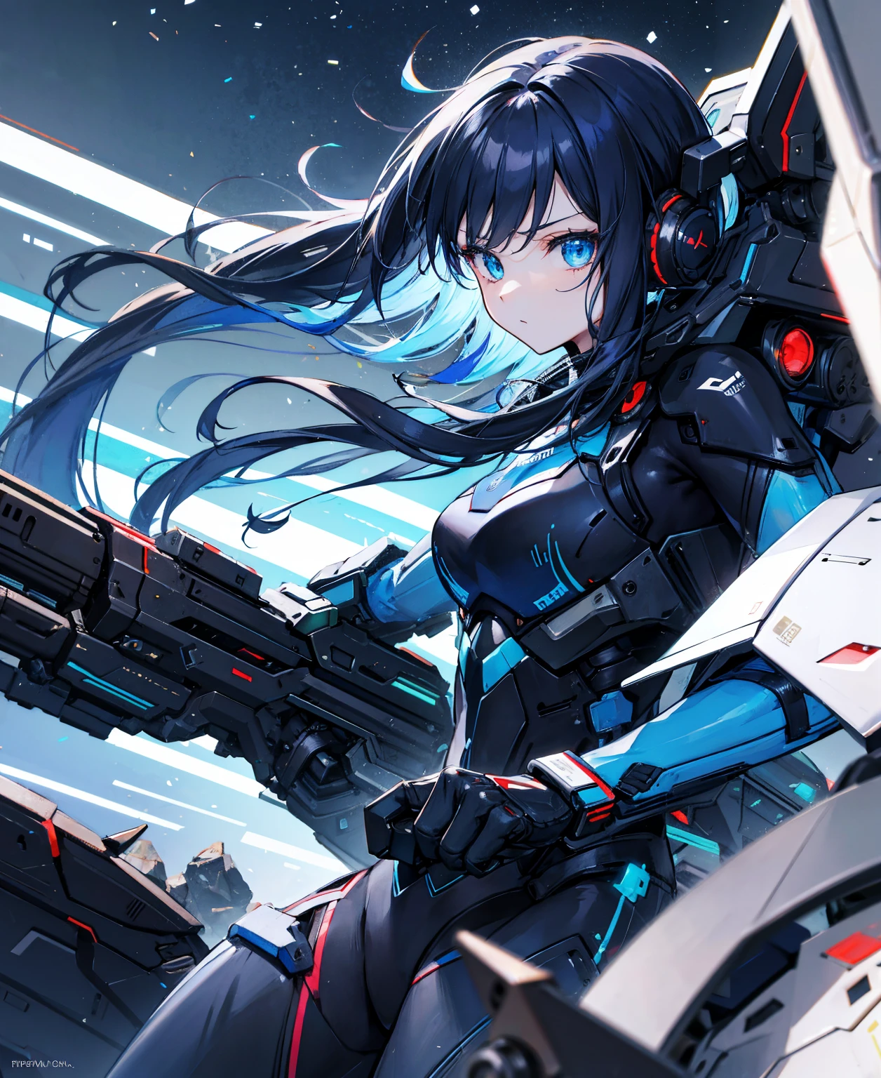 no background,girl,carry a firearm,Enamel-like tight suit,use of firearms,dark blue long hair,attention arousal,blue colored eyes,no gradation