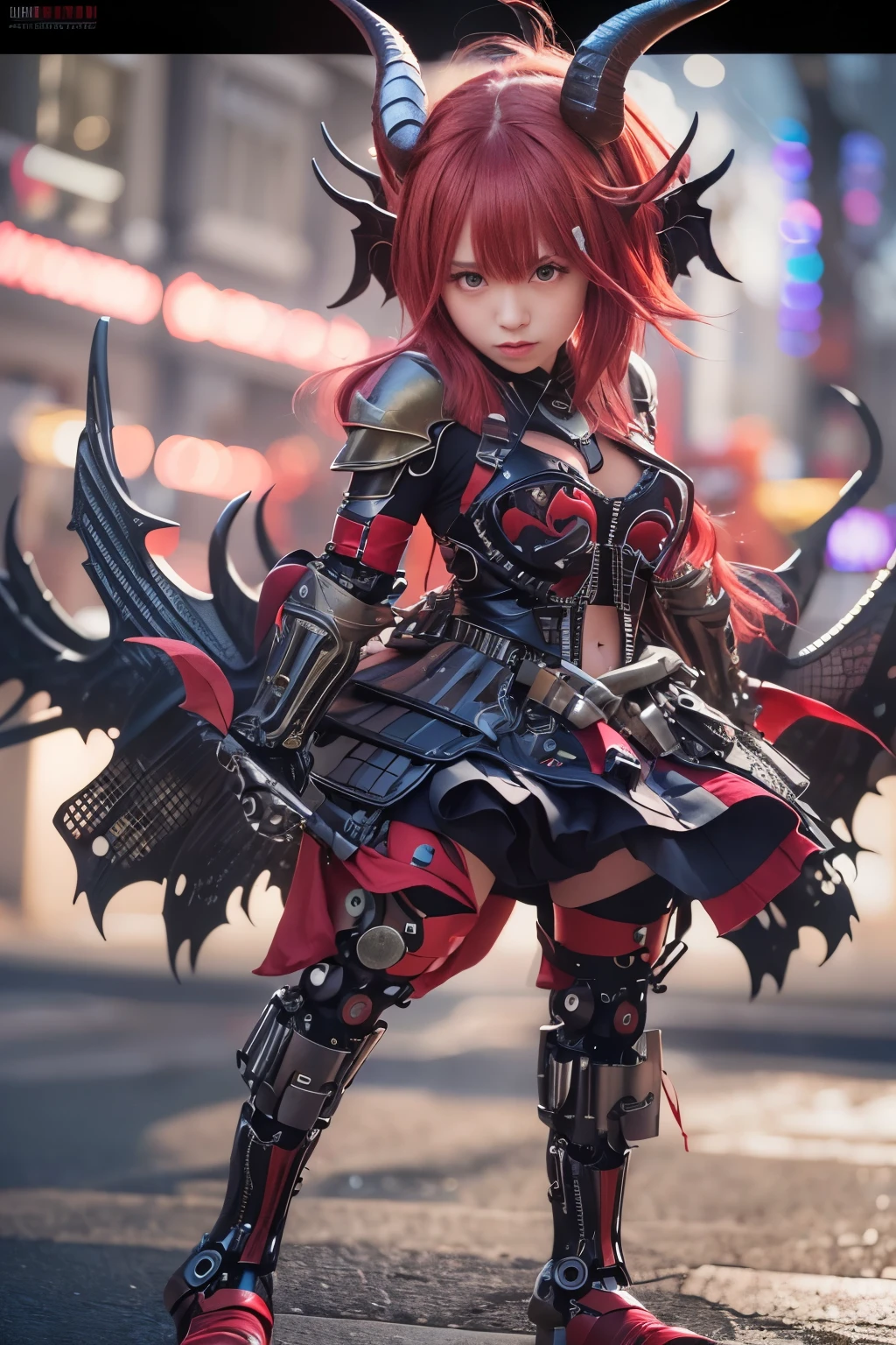 (masterpiece, best quality:1.2), (8k uhd, 16k, 32k, ultra high res), (photorealistic:1.37), (RAW photo), ultimate-realistic, ultimate-realistic details, ultimate-realistic texture, ultimate-intricate details, ultimate-realistic lighting, ultimate-realistic shadow, japanese girl, ultimate-cute face, ultimate-RAW skin, ultimate-realistic eyes, (mechanical:1.4),  (armor), full body, wide shot, Evil organization, demons, horns, bat wings, red hair, bob cut, mechanical armor, reddish-black skin, red eyes, flying with Satanic castle in background