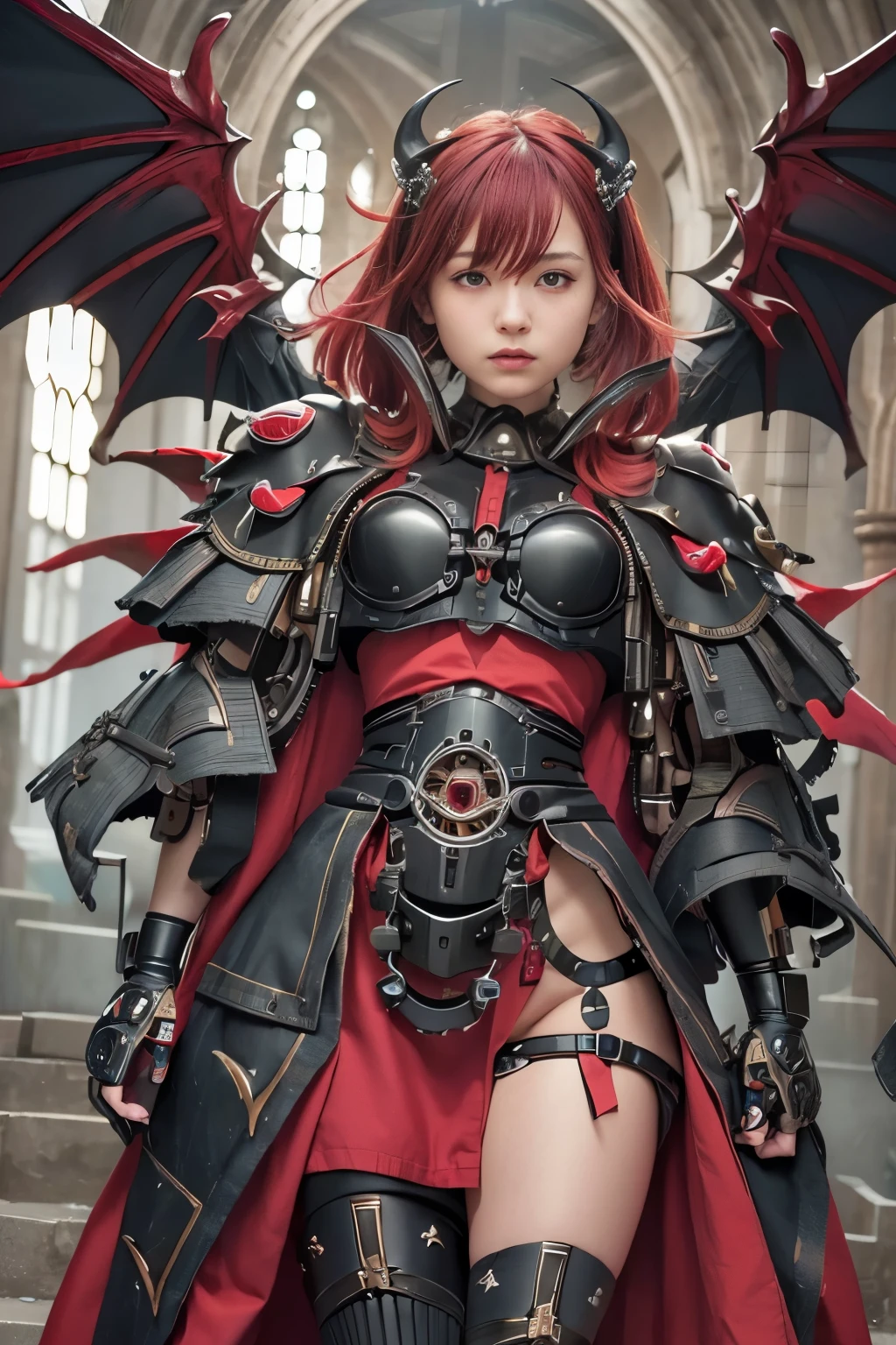 (masterpiece, best quality:1.2), (8k uhd, 16k, 32k, ultra high res), (photorealistic:1.37), (RAW photo), ultimate-realistic, ultimate-realistic details, ultimate-realistic texture, ultimate-intricate details, ultimate-realistic lighting, ultimate-realistic shadow, japanese girl, ultimate-cute face, ultimate-RAW skin, ultimate-realistic eyes, (mechanical:1.4), (armor), full body, wide shot, Evil organization, demons, horns, bat wings, red hair, bob cut, mechanical armor, reddish-black skin, red eyes, flying with Satanic castle in background
