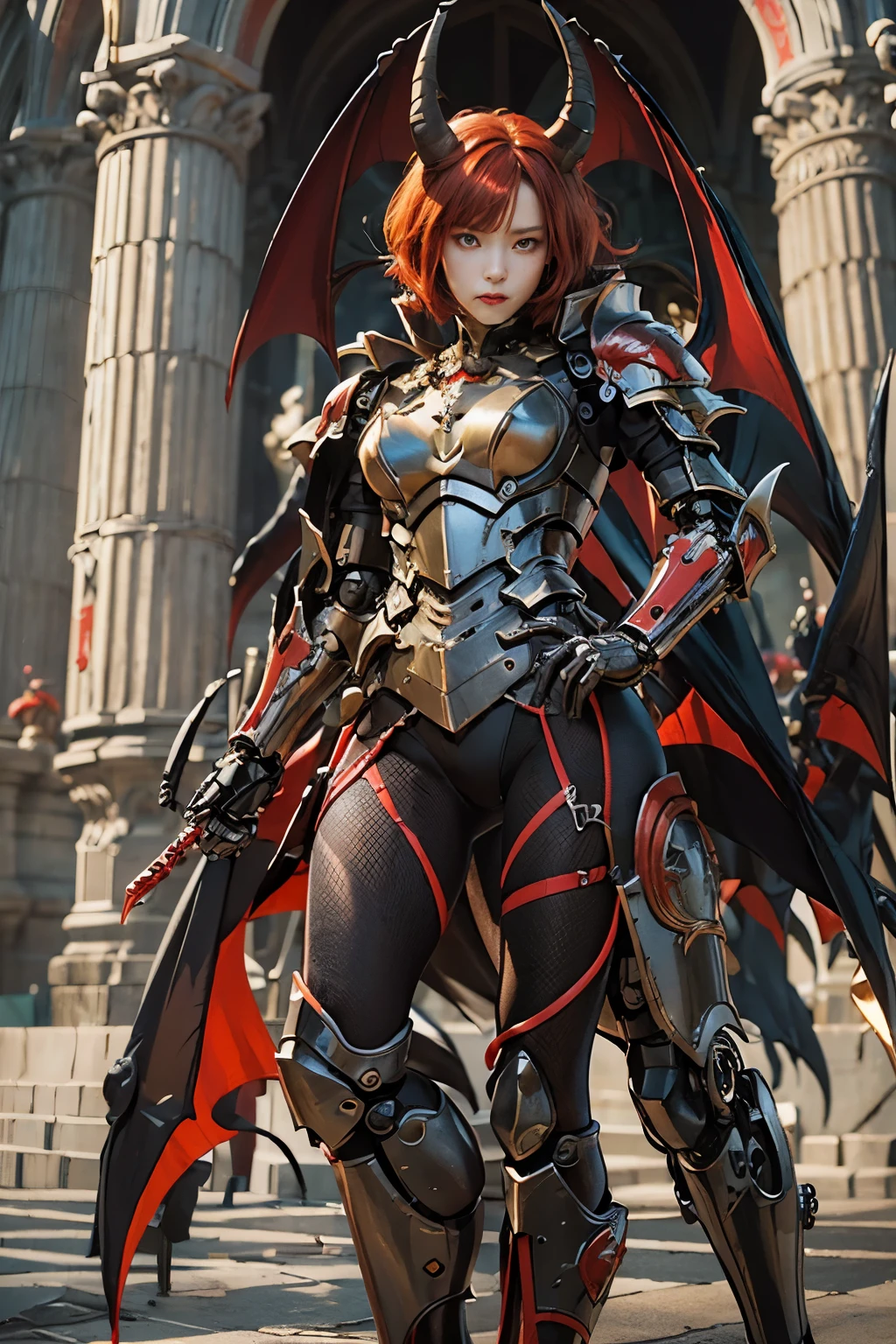 (masterpiece, best quality:1.2), (8k uhd, 16k, 32k, ultra high res), (photorealistic:1.37), (RAW photo), ultimate-realistic, ultimate-realistic details, ultimate-realistic texture, ultimate-intricate details, ultimate-realistic lighting, ultimate-realistic shadow, japanese girl, ultimate-cute face, ultimate-RAW skin, ultimate-realistic eyes, (mechanical:1.4), (armor), full body, wide shot, Evil organization, demons, horns, bat wings, red hair, bob cut, mechanical armor, reddish-black skin, red eyes, flying with Satanic castle in background