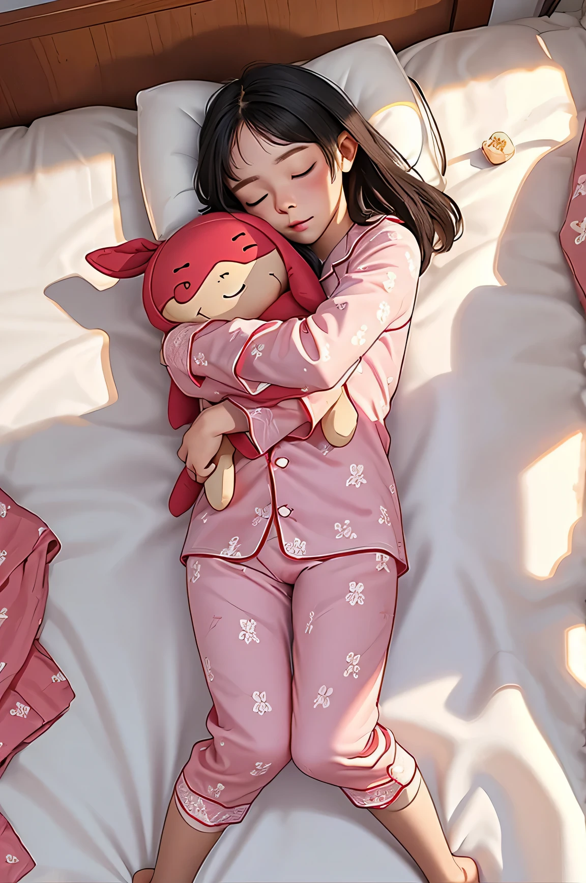 (best quality, masterpiece), 1girl, sleeping, pajamas, from above, bed, girl's room, hug doll