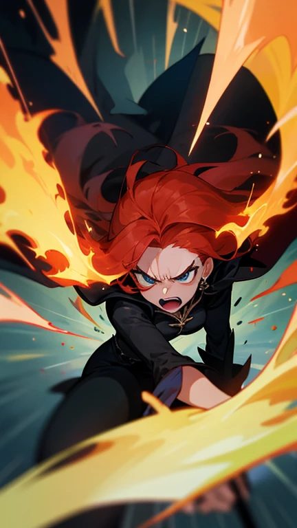 girl, long hair, ginger hair, black dark outfit, cape, dark, anger, flaming locks, ariel