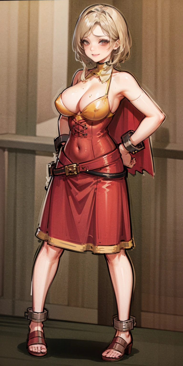 ((BLACK BACKGROUND,1:2, masterpiece)), full body MILF BIMBO standing with two long thighs and two metal sandals, red eyes, silver white hair, short bob style hair, big breasts, cleavage, separate sleeves, tiara royal, long cape up to two feet, yellow bikini, hands on waist, navel, lustful smirking smiling, smile face (red blushed, red cheeks), metal shoulders, gold sleeveless armbands, black leather choker slave collar, shackle bracelets, sex slave red crest, pauldrons, breastplate, corset, eye focus, full body, whole body. 1solo . slave fighter, loincloth standing, hands on hips, metal sandals, backpack, choker, big belt, view from below, feet together, bracers, tiara)