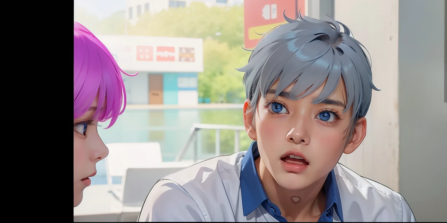 Choco, cute 16 year old, gray hair, blue eyes, is talking, bewildered with doubts.