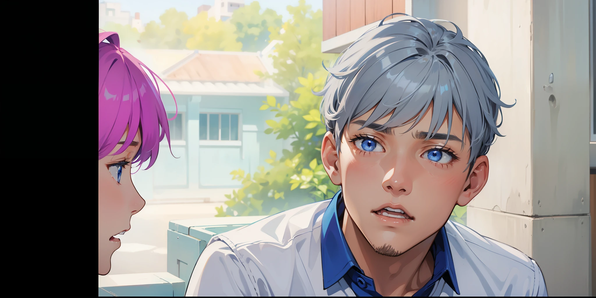 Choco, cute 16 year old, gray hair, blue eyes, is talking, bewildered with doubts.