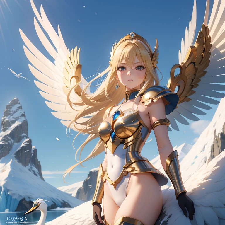 une femme, 25 ans, manga, cheveux longs, cheveux blond, armure, armure du cygne, saint seiya, hyoga, cygnus, casque, chevalier du zodiaque, dans un paysage glacial, neige, glacier, metal swan wings, jupe en plumes de cygnes