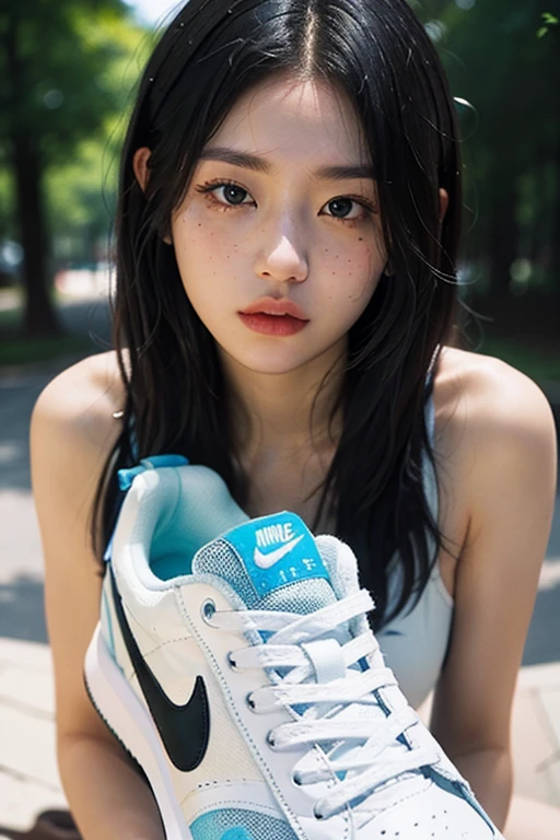 Blue hair Best anamorphic lens photography 50mm lens Close-up of a woman with freckles。In the background, the morning sun shines on her hair.、background is blurry。Hip-hop fashion。fashionable。NIKE sneakers