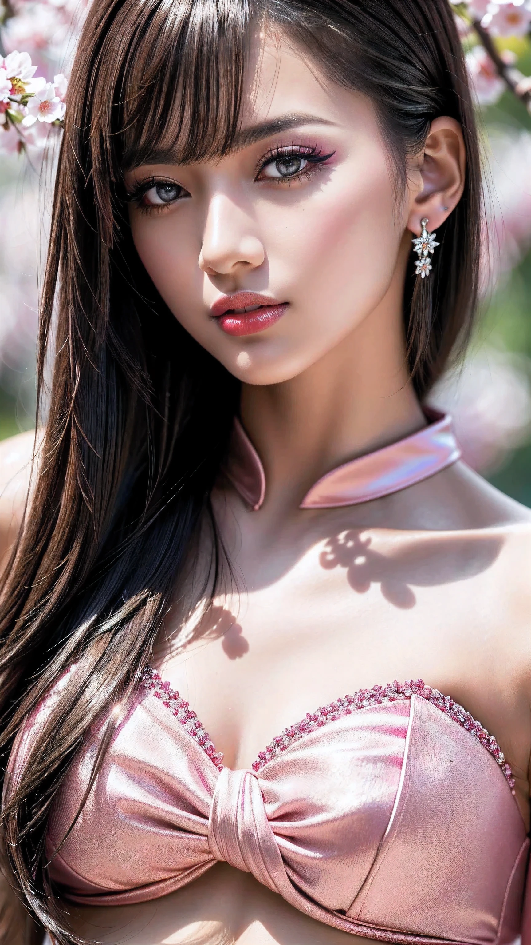 Divide Ratio : 1,1,1 Base Ratio: (portrait),beauty (mixed girls) in (highly detailed 32k absurd art of a ((girl 18-year-old)) ),fashion supermodel,(best high quality real texture skin:1.3),((ebony skin female:1.2)),(best quality texture hair:1.4),BREAK,((short bright dark hair((bangs swept to the side)) extremely detailed:1.3)),((outside,an orchard of blooming cherry trees:1.3)),(best high quality:1.33),(photo realistic:1. 45),(Hyper realistic:1.45),((sharp focus)),(highest resolution),((soft neon lighting on the face and body)),(perfect proportions),(anatomically correct),(perfect female body),(firm normal full breasts:1.3),slim face,beautiful cheekbones,((slim,swell-muscled body:1.24)),(Super beautiful face),(realistic face),(highly detailed face:1.4),absurd(ultra detailed eyes), finely detailed face,finely quality eyes,(tired and sleepy and satisfied:0.0),(close up of a woman's eye with a digital rendering),realistic eyes,perfect round eyes,finely detailed pupils,(black_eyes:1.28),BREAK,detailed lips:1.3,(pink_lipstick:1.2),pink_makeup:1.22, long_blue_eyeliner:1.18, perfect dark_eyeshadows:1.4, ((there a close up of a woman's)), (super detailed makeup on eyes:1.3), iridescent eyes, with professional makeup, vibrant eyes:1.2, (Detailed nose:1.2),BREAK,(super extravagant (Pink collared blouse shirt)),BREAK,((wear dark_red tie:1.2)),small head:1.4, ((ornament red ribbon on head)),exquisite balance of shadows,perfect composition,((upper body shot:1.3)),((look at the viewer)), Hasselblad, 50mm f/2.2
