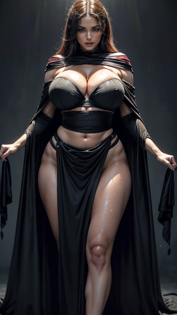 close up image, high quality image, her hairs are ((hot MILF mommy)), Image of a woman, ((she is wearing only a cloak on top covering her breasts wearing nothing underneath the cloak, she is wearing a sash like long cloth draped on the hips and groin, she is doing an erotic pose like a model, Her body is completly sweaty and sweat droplets on her body, she has tired expression, stressed-out belly type)), (((black flat background with top lighting effect))), she is stunning, intricate details, her hips are slightly angled for posing, (((huge body, huge waist, huge hips, huge breasts)))