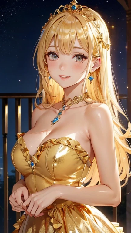 nsfw,masterpiece、highest quality、High resolution、high quality images、8K, 1 female、skin er、(golden skin:1.9)、stexture、Expression of fine eyes、(Shiny bright golden hair:1.8),Girl with long braided hair, realism, Detailed manga style, manga art style, Perfect Line Drawing, beautiful line drawing, digital manga art girl, (beautiful golden eyes:1.5), Clear, beautiful eyes、plump lips, Detailed gorgeous face, (cute smile), charm, Front view, (perfectly detailed face), (fine hands) 、photorealistic images, Depth of written boundary, Princess hairstyle, Princess、Corolla on the head , face forward , night sky , night view ,beautiful starry sky , romanticism、(Princess' gorgeous golden frilly dress:1.5)、(medium breasts:ile、blush、cess tiara、Fluffy blonde、Gorgeous blue sparkling earrings、Gorgeous gold bracelet、Gorgeous gold anklets、(Gorgeous gold thin nipple rings:1.3)、Pbalcony、Nadia: The Secret of Blue Water Necklace、(oblong face:1.5)、(Sparkling Glitter:1.2er your forehead with bangs、Bangs between the eyes、(full body:1.6)、(standing:1.3)、(portrait:1.e chest is also visible