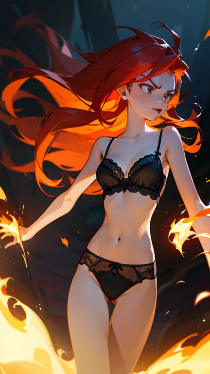 girl, long hair, ginger hair, black lingerie, dark, anger, flaming locks, ariel