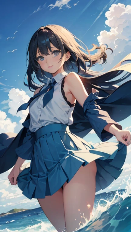 1 girl, solo, blue sky, ocean, short skirt, (a very intricate and detailed background of the vast expanses of the blue sky with thick, fluffy clouds that seem to reach out and touch one another), (a highly detailed background of the vast, tranquil ocean with shimmering waves and schools of fish swimming beneath), wearing a fitting, graceful, and short blue skirt that accentuates her feminine curves. The girl looks out at the breathtaking view, her eyes sparkling with wonder and a slight smile playing at the corners of her lips. Her hair, a cascade of soft, golden curls, billows in the gentle breeze, blowing across her shoulders andframe her face