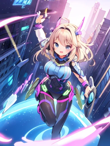 Extreme detail,masterpiece,futuristic city,girl with (energy shield):1.3,tight-fitting bodysuit,protecting herself from danger,using shield in battle,futuristic buildings,flying cars,shield growing brighter,repelling invader