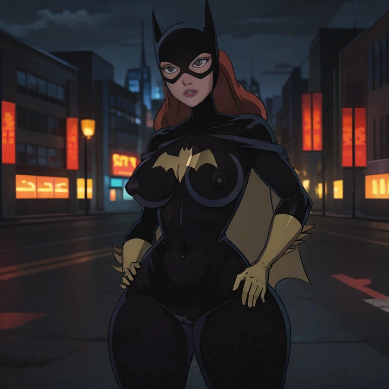 Anime Style, DCAU style, Barbara Gordon, Posing full body, Hand on Hips, looking at viewer smirking, Red Ginger hair, Naked with Big Breasts and Big ass, Blurry night city background, Correct anatomy eyes, Correct anatomy body, High Quality