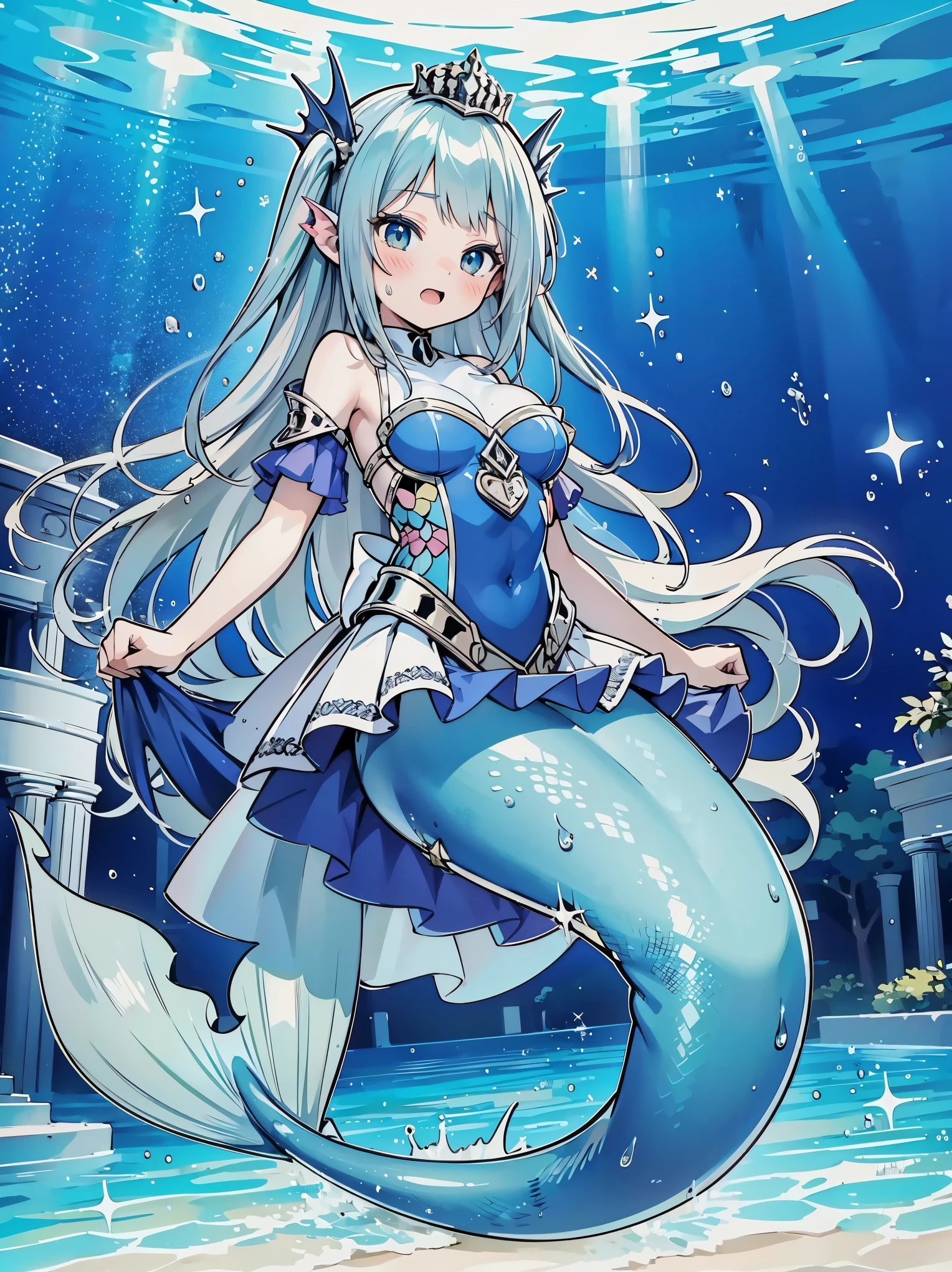 masterpiece, best quality,a woman,big breasts,Mermaid,silver hair,天藍色的Mermaid尾巴,full-body shot,for the audience,Get posed,at the bottom of the sea,Open your mouth and sing,charming脸(kawaii, charming,soft)