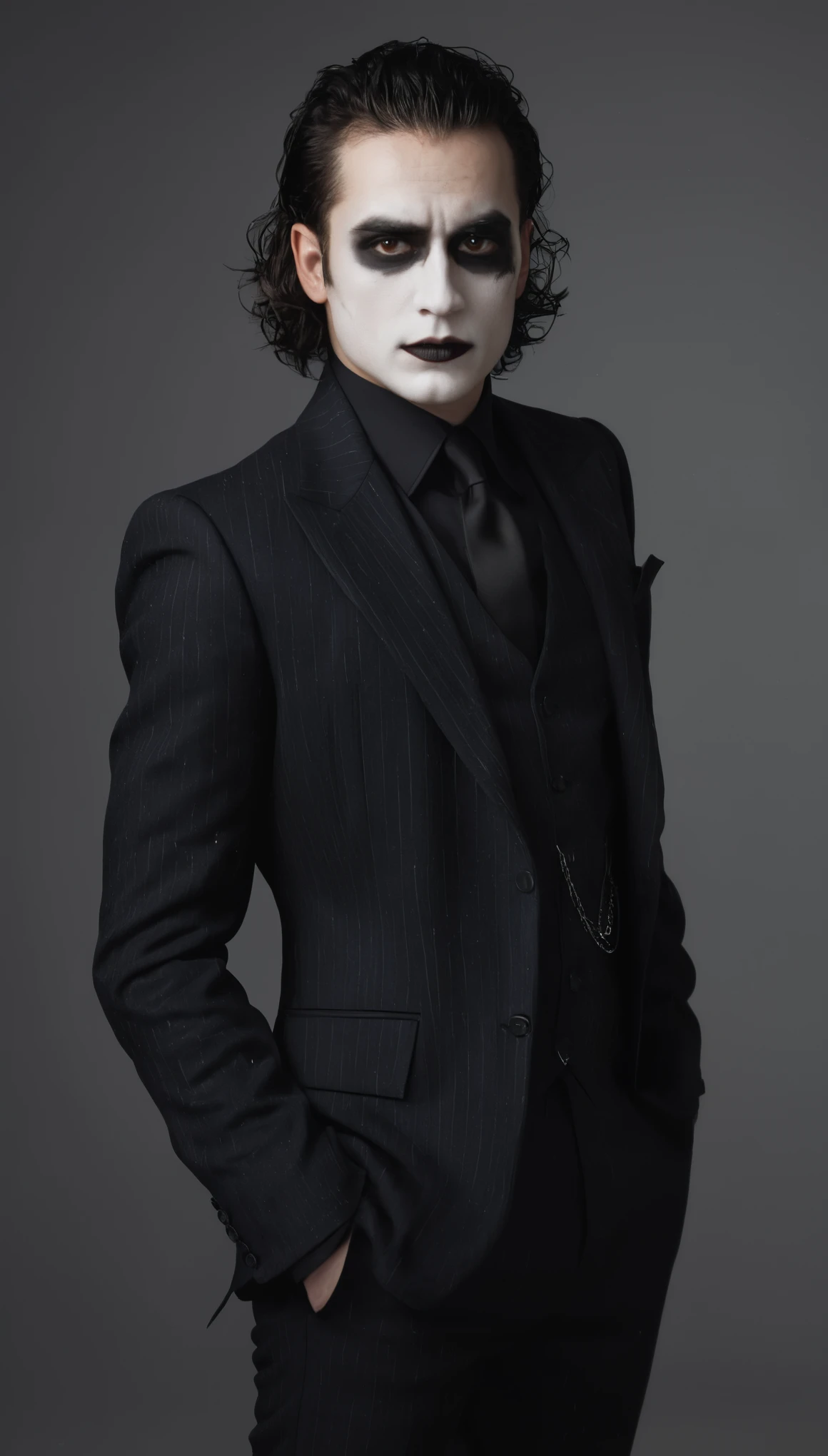 A portrait photo of a the Crow, male, 28 years-old, wearing black and white crow makeup and a dark pinstripe suit, stocky, soft doughy physique, deep brown eyes, wide bulbous nose, full lips, black lipstick, black hair, curly quiff, thick bushy eyebrows, extremely hairy chest, stomach, and arms, lots of body hair, posing, Canon, 85mm,cinematic, high quality, skin texture, looking at the camera