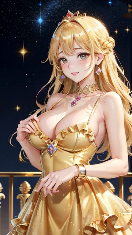 nsfw,masterpiece、highest quality、High resolution、high quality images、8K, 1 female、skin luster、(golden skin:1.9)、skin texture、Expression of fine eyes、(Shiny bright golden hair:1.8),Girl with long braided hair, realism, Detailed manga style, manga art style, Perfect Line Drawing, beautiful line drawing, digital manga art girl, (beautiful golden eyes:1.5), Clear, beautiful eyes、plump lips, Detailed gorgeous face, (cute smile), charm, Front view, (perfectly detailed face), (fine hands) 、photorealistic images, Depth of written boundary, Princess hairstyle, Princess、Corolla on the head , face forward , night sky , night view ,beautiful starry sky , romanticism、(Princess' gorgeous golden frilly dress:1.5)、(medium breasts:1.5)、smile、blush、princess tiara、Fluffy blonde、Gorgeous blue sparkling earrings、Gorgeous gold bracelet、Gorgeous gold anklets、(Gorgeous gold thin nipple rings:1.3)、Palace balcony、Nadia: The Secret of Blue Water Necklace、(oblong face:1.5)、(Sparkling Glitter:1.2)、Cover your forehead with bangs、Bangs between the eyes、(full body:1.6)、(standing:1.3)、(portrait:1.0)、The chest is also visible