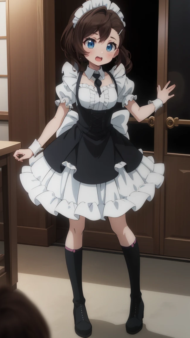 1 girl, alone, smile, open your mouth,full body, holding, boots, :d, outstretched arm, room, masterpiece, expensive quality, very_expensive_solve, big_file size, full color, 1990s \(style\), anime, anime_screen cap, animeーション化された gif, mp4 ,video, animeーション化された,masterpiece, highest quality, soft lighting, gothic maid outfit.