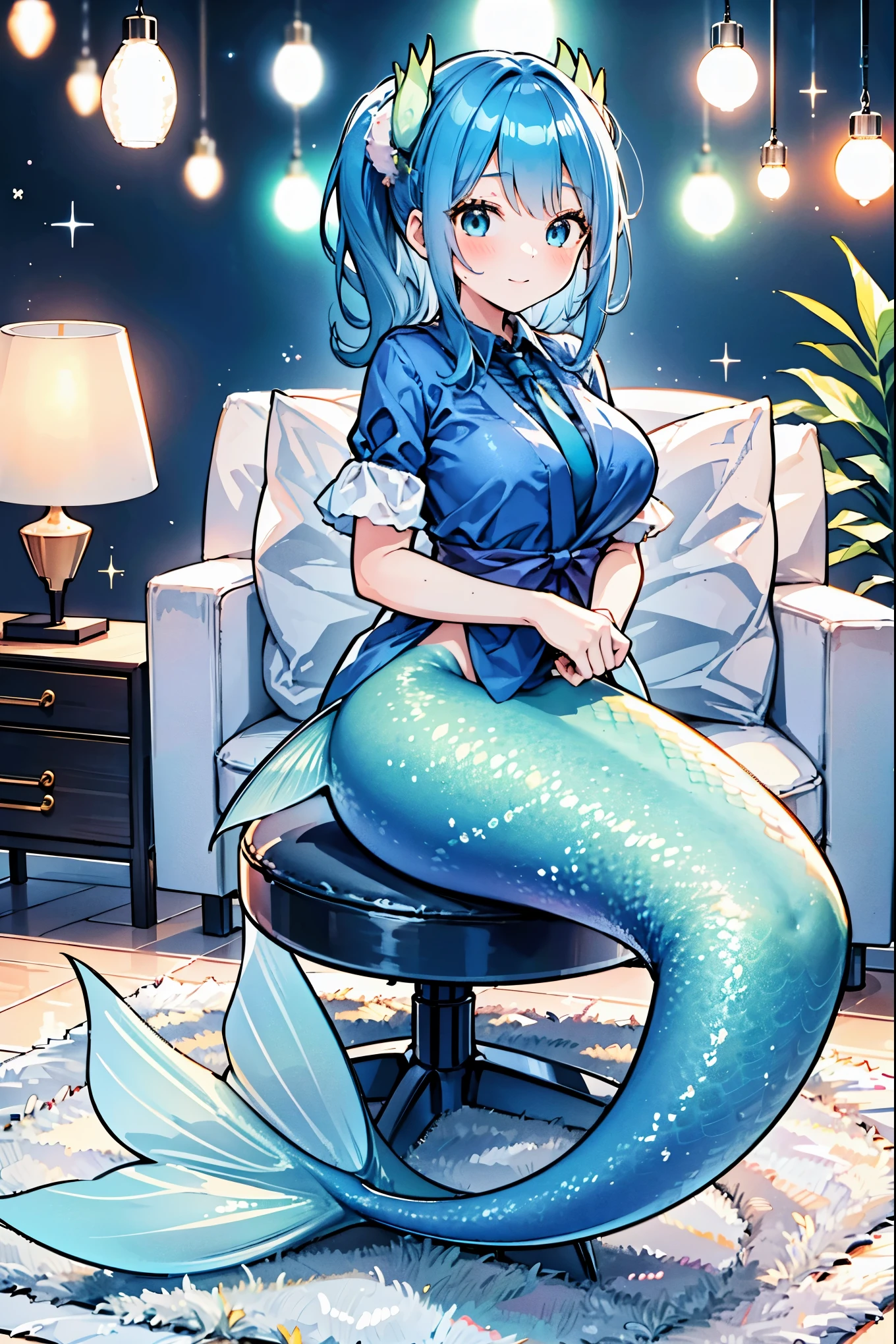 masterpiece, best quality,a woman,big breasts,Mermaid,blue shirt,天藍色的Mermaid尾巴,full-body shot,for the audience,Get posed,living room,Sitting on the sofa,charming脸(kawaii, charming,soft)