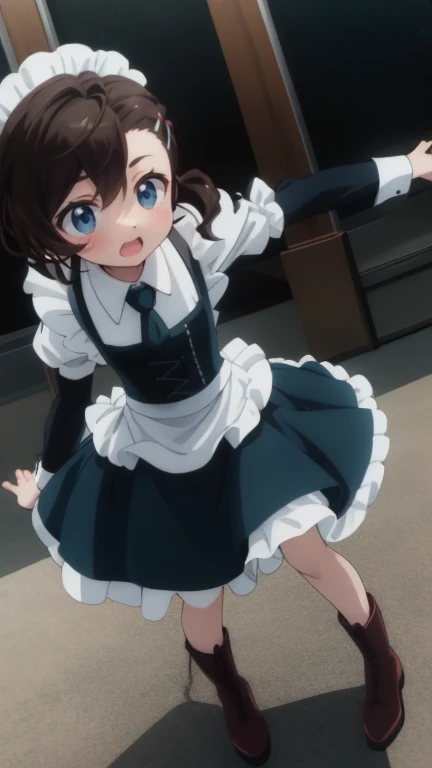 1 girl, alone, smile, open your mouth,full body, holding, boots, :d, outstretched arm, room, masterpiece, expensive quality, very_expensive_solve, big_file size, full color, 1990s \(style\), anime, anime_screen cap, animeーション化された gif, mp4 ,video, animeーション化された,masterpiece, highest quality, soft lighting, gothic maid outfit.