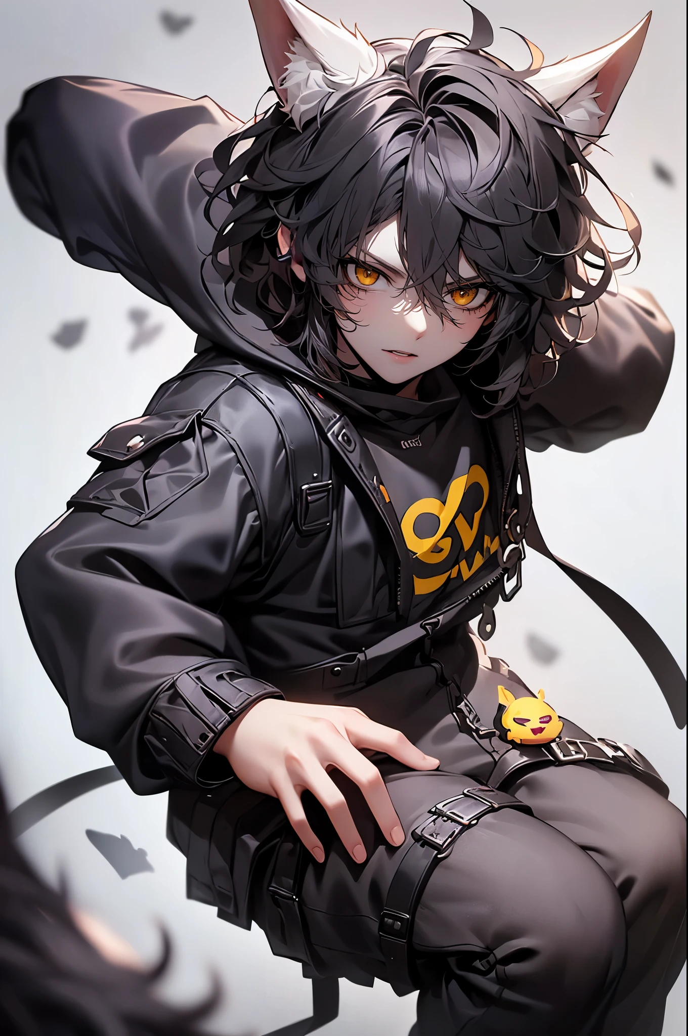 (4K works))、masterpiece、(top-quality)、Korean Male、Adult male、((Adult 26 years old))、((Adult older brother))、((werewolf man))、((The Man with Wolf Ears))、((Face similar to Hyun Jin))、Cool Men、tall、((Glaring expression))、((Strong eyes))、((Black cool werewolf fashion))、((Long sleeve long trouser style))、((smaller face))、Slim body、((hooligan))、((Black short-haired))、((Yellow eyes))、((Shot alone))、((Solo Photography))、Professional Photos、((Emoticon pack))、((emoji pack))、((Werewolf costume))、((10 emojis))、((10 poses and facial expression emojis))