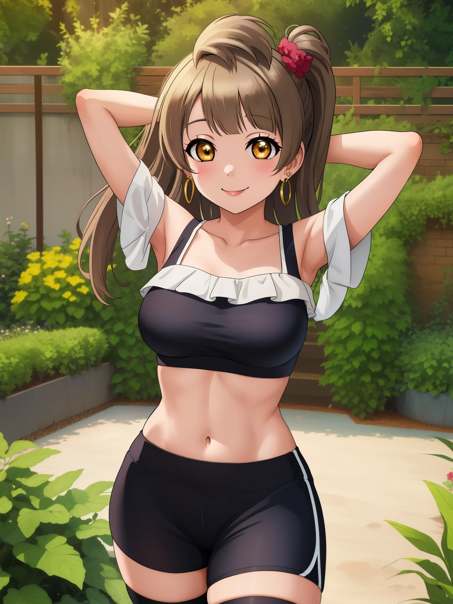 Masterpiece, best quality,solo, (detailed face), minami kotori, curvy body, sexy smile ,(yoga shorts:1.2),earrings, off shoulder crop top,in garden,cap, cowboy shot, thighs, thighhighs, arms up, arms behind head 