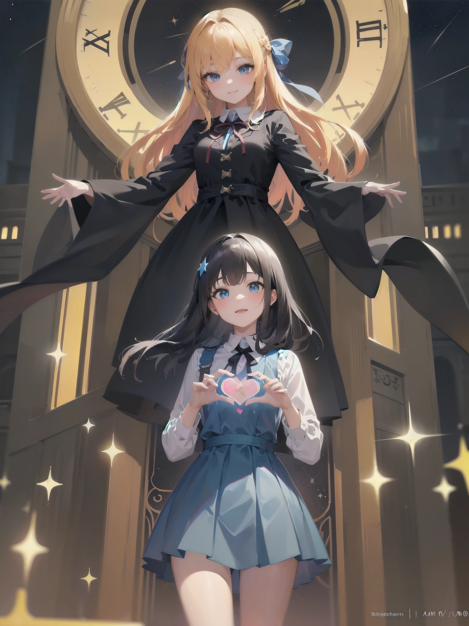 absurdres extremely detailed CG,high resolution,(best quality:1.3),(best masterpiece:1.3),super fine illustration,vibrant colors,official art,8k wallpaper,(looking away:1.3),dynamic depiction,dynamic angle,dynamic pose,depth of field,cinematic lighting,BREAK,(one beautiful girl:1.3),solo,blonde hair,very long hair,shiny hair,Silky hair,yellow eyes,deep detailed eyes,cute eyes,sparkling eyes,(seductive smile:1.3),natural make,BRAKE,((wonderland)),Gothic decoration,((sticker style)),(heart item,star item,ribbon:1.5),(symbolic:1.2), conspicuous,(star glitter and hart glitter:1.5),(kawaii town at night:1.5),(big clock tower:1.2),(Meteor shower,star and hart effect:1.3),