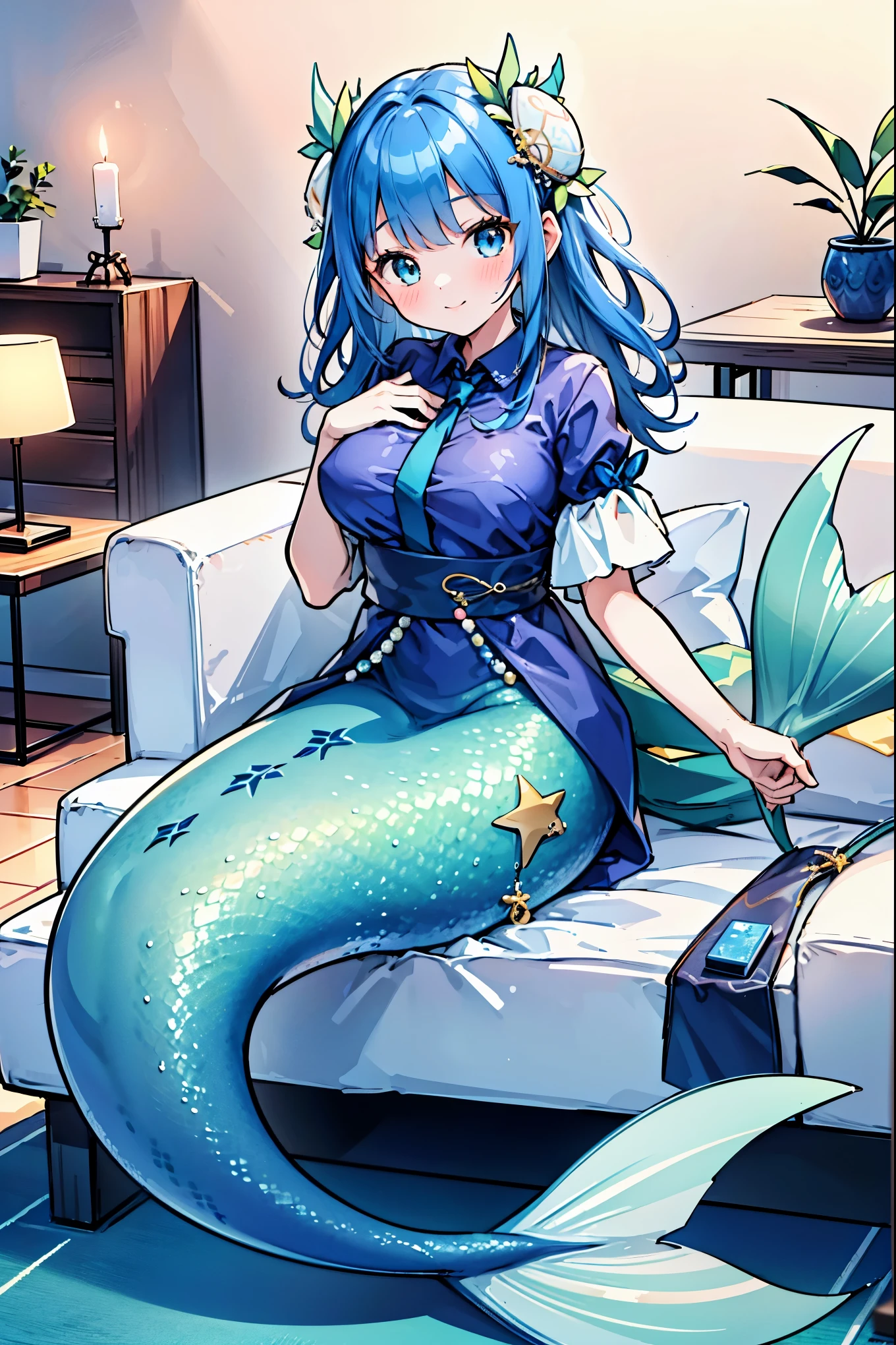 masterpiece, best quality,a female,big breasts,Mermaid,藍色的Mermaid尾巴,full-body shot,for the audience,Get posed,charming脸(kawaii, charming,soft)