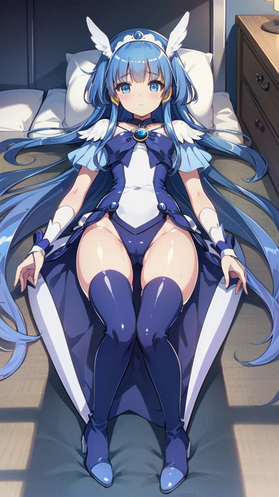 (Very detailed CG), (highest quality), 1 girl, perfect face, cure beauty,shiny skin, Glossy skin, wide hips,tight waist,leotard,bangs,blue eyes,heel boots,Thighhighs,Elbow Bag,1 girl, long hair, lying on the bed, indoor,