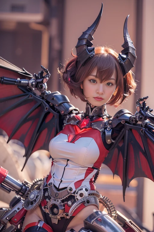 (masterpiece, best quality:1.2), (8k uhd, 16k, 32k, ultra high res), (photorealistic:1.37), (RAW photo), ultimate-realistic, ultimate-realistic details, ultimate-realistic texture, ultimate-intricate details, ultimate-realistic lighting, ultimate-realistic shadow, japanese girl, ultimate-cute face, ultimate-RAW skin, ultimate-realistic eyes, (mechanical:1.4),  (armor), full body, wide shot, Evil organization, demons, horns, bat wings, red hair, bob cut, mechanical armor, reddish-black skin, red eyes, flying with Satanic castle in background