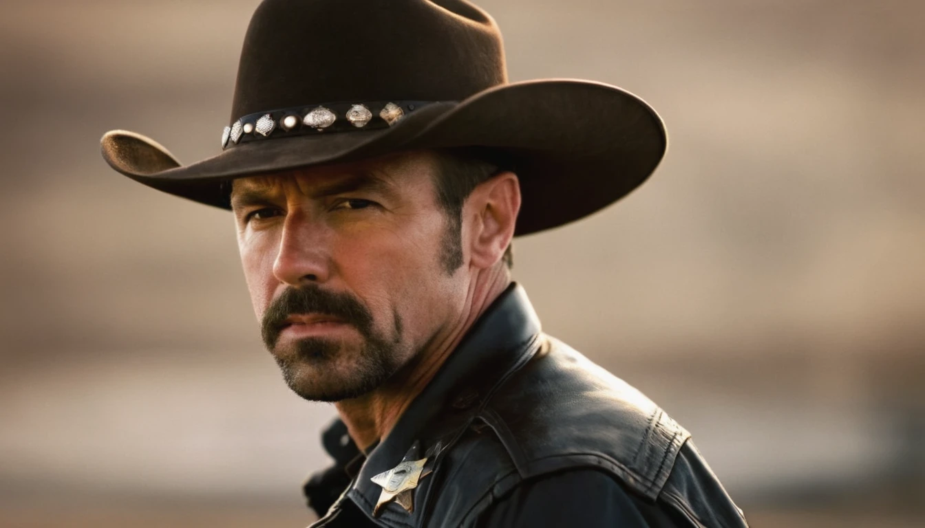 A close-up photograph of a sheriff man, reckless, intimidating, 35 years old, cowboy hat, blurred hot background, 8k, hd, cinematic, movie, 8k, Realist