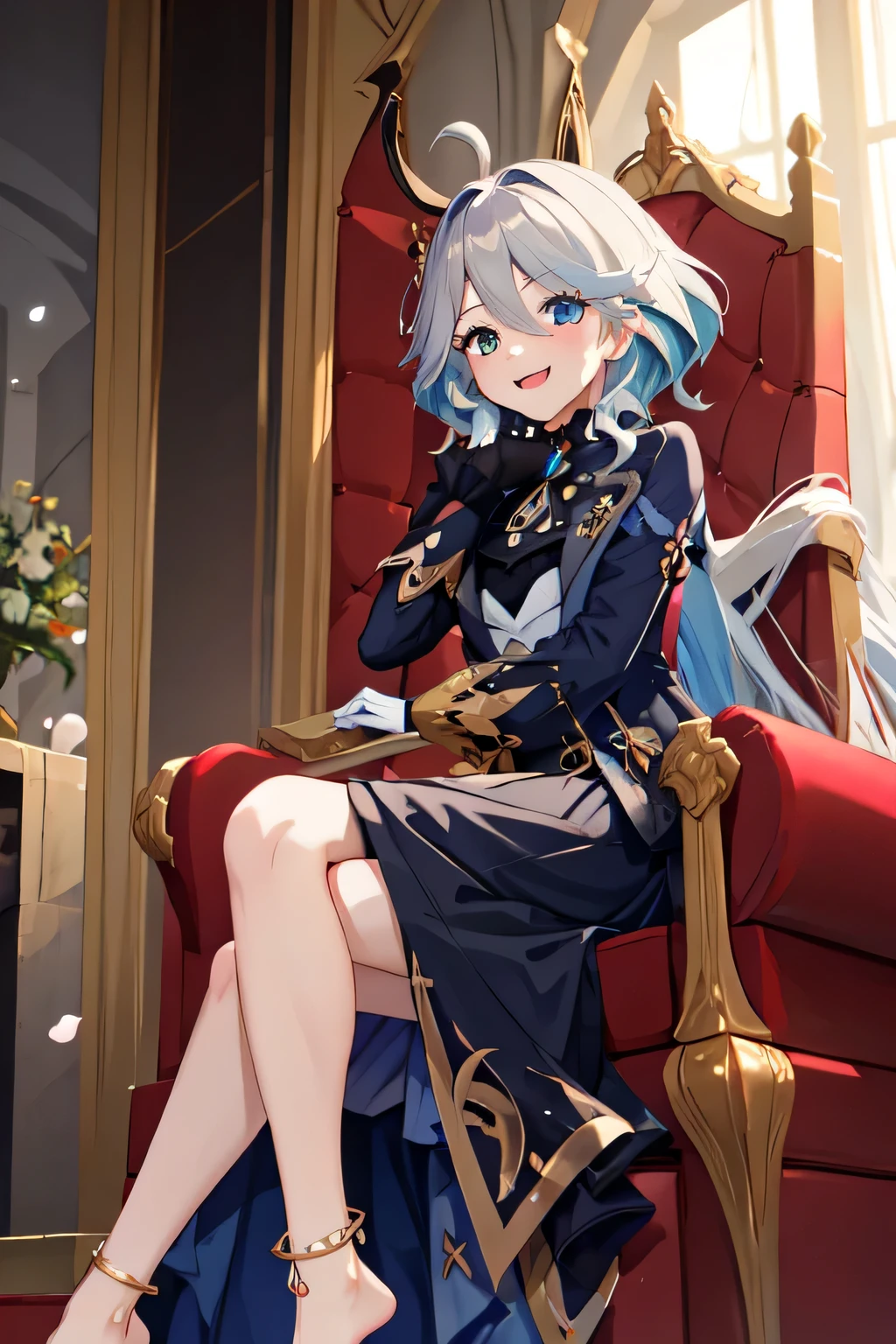 1 girl, focus \(Genshin Impact\), heterochromia, Anklet, evening dress, long skirt, Juliet sleeves, bridal gloves, barefoot, looking at the audience, sitting, giggle, throne, indoors, masterpiece