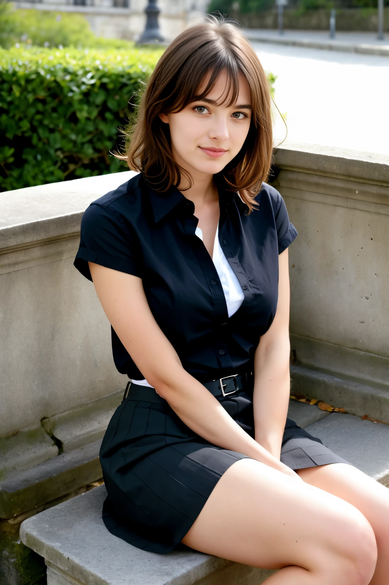 une femme française sexy et mince de 18 ans sur un banc , black rolled-up sleeves shirt et skirt, Realistic,
