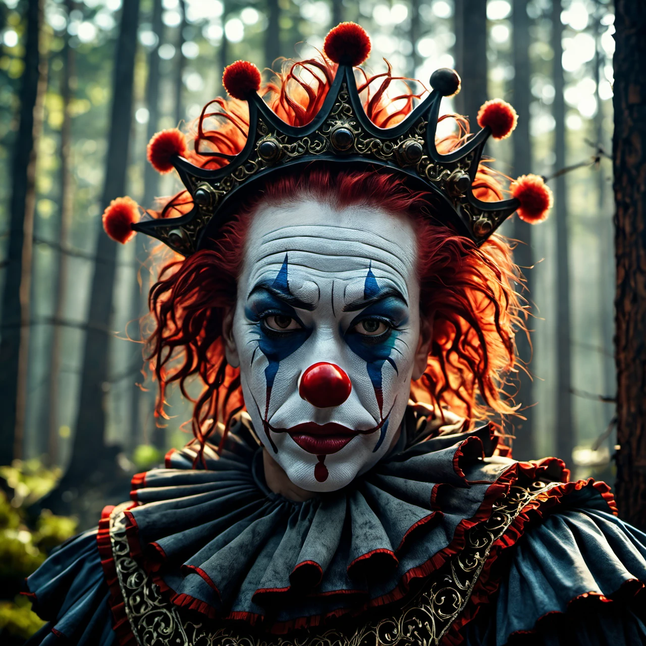 Commercial photography of a clown with mouth opened wide in a pine forest with a circus tent in the background and a camp fire (foggy:1.2), silhouetted in soft shadow, clowns hiding behind trees peaking their heads out to spy on us. (photograph:1.2) , uhd photorealisitc authentic psychotic angry madman wearing ornate clown costume and intricate voodoo makeup, shoulders, intricate details, vivid colors, frightening surroundings, correct details, in the style of amano, karol bak, akira toriyama, and greg rutkowski , perfect composition, beautiful detailed intricate insanely detailed octane render trending on artstation, 8 k artistic photography, photorealistic concept art, soft natural volumetric cinematic perfect light, chiaroscuro, award - winning photograph, masterpiece, oil on canvas, raphael, caravaggio, greg rutkowski, beeple, beksinski, giger, perfect composition, beautiful detailed intricate insanely detailed octane render trending on artstation, 8 k artistic photography, photorealistic concept art, soft natural volumetric cinematic perfect light, chiaroscuro, award - winning photograph, masterpiece, oil on canvas, raphael, caravaggio, greg rutkowski, beeple, beksinski, giger, (beautiful supermodel:1.1) resting her head on her hands detailed background bokeh