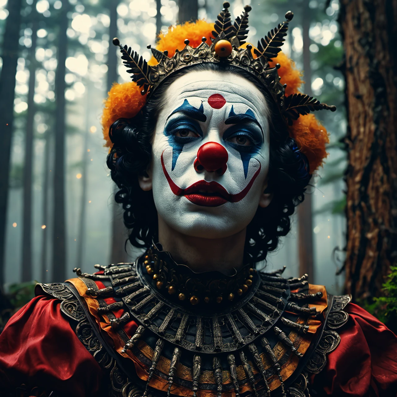 Commercial photography of a clown with mouth opened wide in a pine forest with a circus tent in the background and a camp fire (foggy:1.2), silhouetted in soft shadow, clowns hiding behind trees peaking their heads out to spy on us. (photograph:1.2) , uhd photorealisitc authentic psychotic angry madman wearing ornate clown costume and intricate voodoo makeup, shoulders, intricate details, vivid colors, frightening surroundings, correct details, in the style of amano, karol bak, akira toriyama, and greg rutkowski , perfect composition, beautiful detailed intricate insanely detailed octane render trending on artstation, 8 k artistic photography, photorealistic concept art, soft natural volumetric cinematic perfect light, chiaroscuro, award - winning photograph, masterpiece, oil on canvas, raphael, caravaggio, greg rutkowski, beeple, beksinski, giger, perfect composition, beautiful detailed intricate insanely detailed octane render trending on artstation, 8 k artistic photography, photorealistic concept art, soft natural volumetric cinematic perfect light, chiaroscuro, award - winning photograph, masterpiece, oil on canvas, raphael, caravaggio, greg rutkowski, beeple, beksinski, giger, (beautiful supermodel:1.1) resting her head on her hands detailed background bokeh