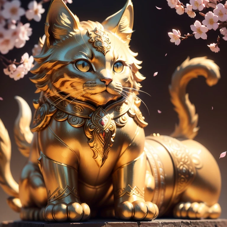 Close-up of a golden cat statue on a light background, its golden aura radiant and shining, clad in intricately detailed golden cat armor, anthropomorphic feline deity, adored as the god of cats, Trending on Adobe Stock, emitting a warm, inviting golden light, a sculpture of purest gold, shimmering with a happy, contented expression, cherished for its mysterious power and very auspicious presence. The cherry blossom tree in the background adds to its beauty, serving as a messenger of good fortune and grace (8K quality, image mode Ultra HD, captured using a Nikon camera, the whole body of the cat statue is