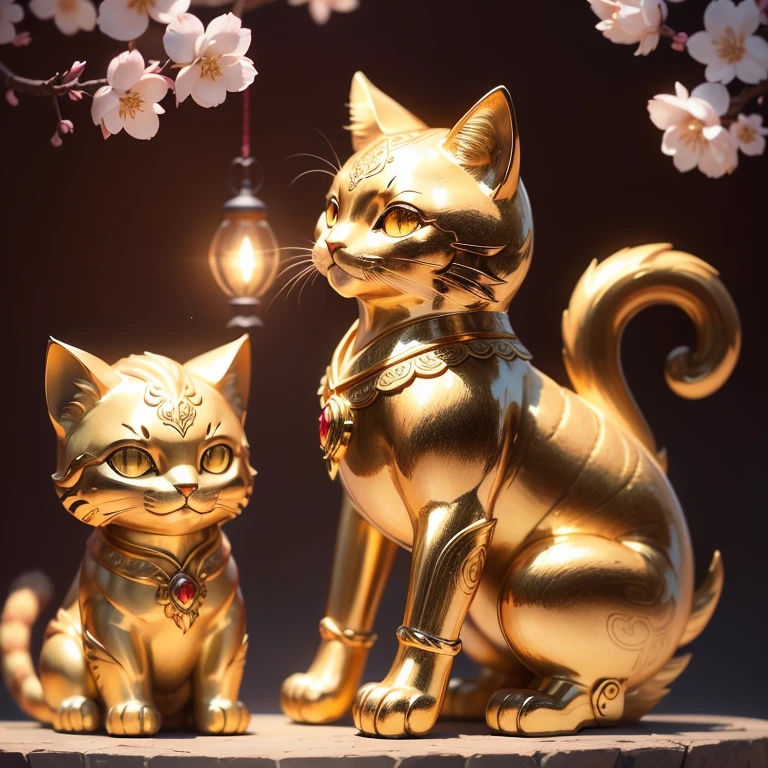 Close-up of a golden cat statue on a light background, its golden aura radiant and shining, clad in intricately detailed golden cat armor, anthropomorphic feline deity, adored as the god of cats, Trending on Adobe Stock, emitting a warm, inviting golden light, a sculpture of purest gold, shimmering with a happy, contented expression, cherished for its mysterious power and very auspicious presence. The cherry blossom tree in the background adds to its beauty, serving as a messenger of good fortune and grace (8K quality, image mode Ultra HD, captured using a Nikon camera, the whole body of the cat statue is