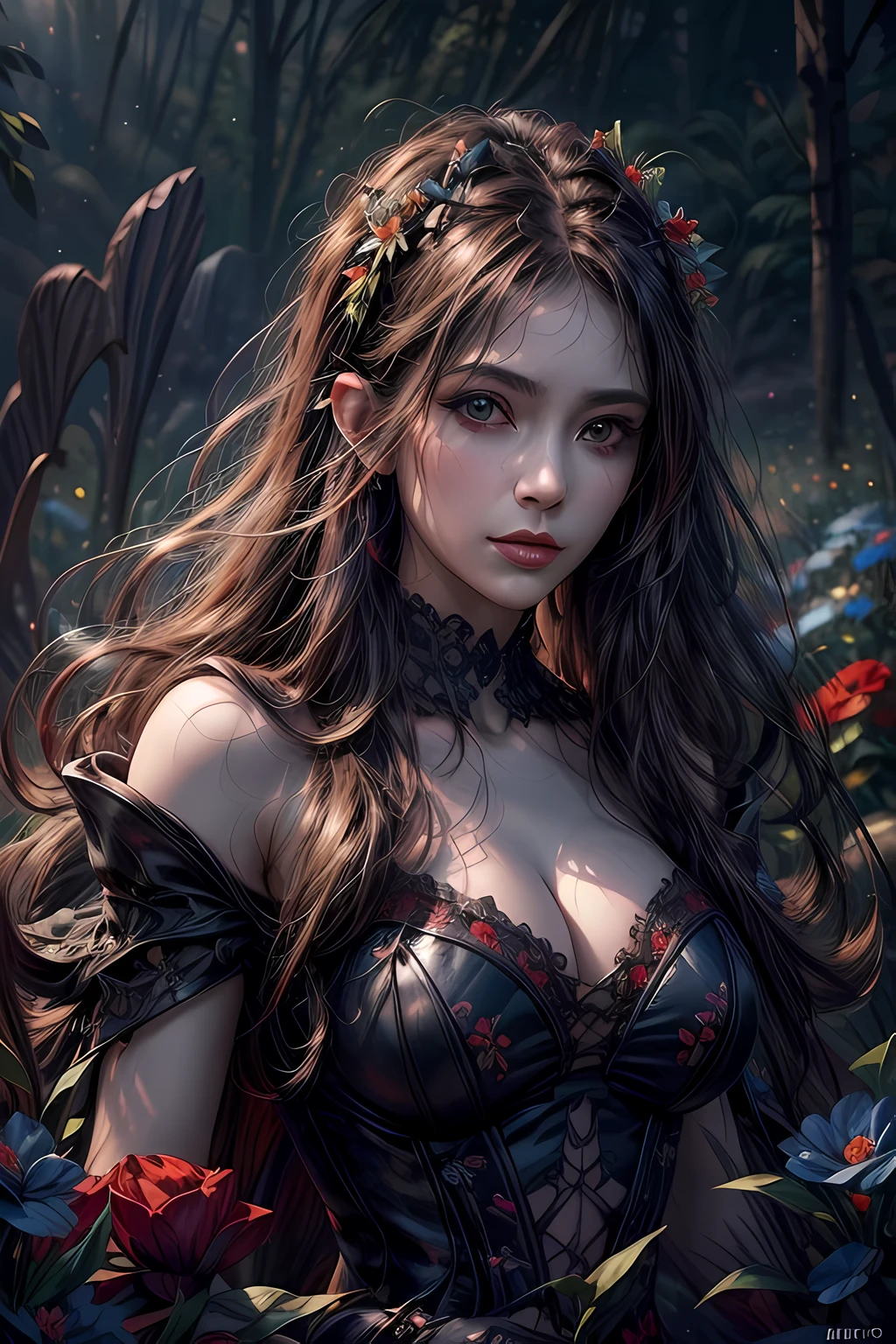 high details, best quality, 16k, RAW, [best detailed], masterpiece, best quality, (extremely detailed), full body, ultra wide shot, photorealistic, dark fantasy art, goth art, RPG art, D&D art, a picture of a dark female fairy resting in a flower meadow, extremely beautiful fairy, ultra feminine (intense details, Masterpiece, best quality), best detailed face (intense details, Masterpiece, best quality), having wide butterfly wings, spread butterfly wings (intense details, Masterpiece, best quality), dark colors wings (intense details, Masterpiece, best quality), black hair, long hair, shinning hair, flowing hair, shy smile, innocent smile, blue eyes, dark red lips, wearing [red] dress latex corset (intense details, Masterpiece, best quality), dynamic elegant shirt, chocker, wearing high heels, in dark colored flower meadow (intense details, Masterpiece, best quality), (red flowers: 1.2) , (black flowers: 1.2), (white flowers: 1.2), (blue flowers: 1.3) [extreme many flowers] (intense details, Masterpiece, best quality), dark colorful flowers (intense details, Masterpiece, best quality), flower meadow in a dark goth field background, dim light, cinematic light, High Detail, Ultra High Quality, High Resolution, 16K Resolution, Ultra HD Pictures, 3D rendering Ultra Realistic, Clear Details, Realistic Detail, Ultra High Definition, DonMF41ryW1ng5XL