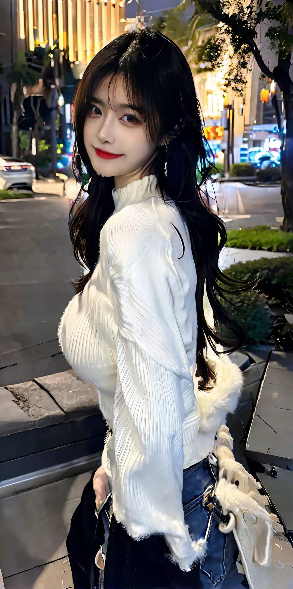 25 years old women, long black wavy hair、bangss、tight white turtleneck sweater, Puffy nipple、Tight jeans pants, jaket、Medium milk, cute smile face、(Butt sticking out pose)、(turned around)、sexy hips、Red high heels、Parks with lakes、sexy  pose、Sexy lace panties、Big necklace、earrings、Photos showing the whole body